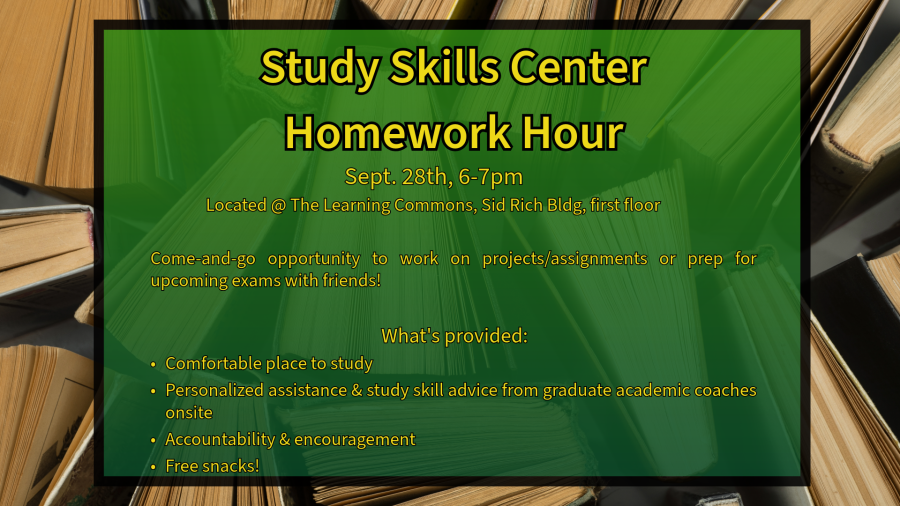 Picture advertising a one hour study hour at the Study Skills Center
